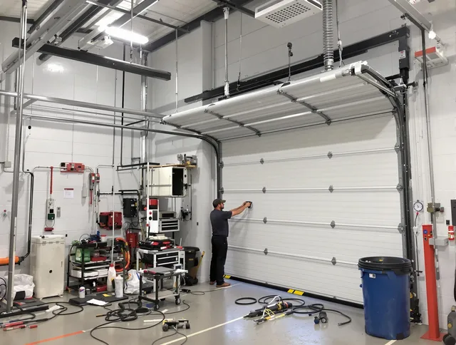 Acushnet Garage Door Repair certified technician performing commercial door repair at a Acushnet business facility