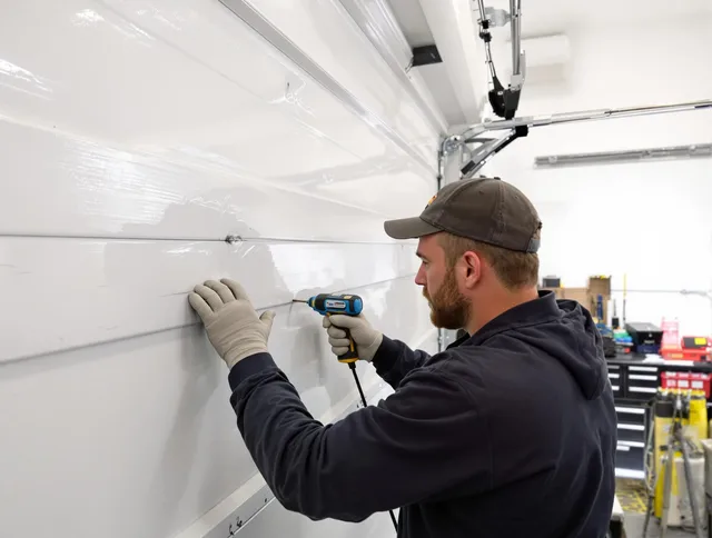 Acushnet Garage Door Repair technician demonstrating precision dent removal techniques on a Acushnet garage door