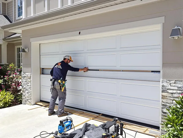 Acushnet Garage Door Repair team performing complete garage door replacement at Acushnet residence