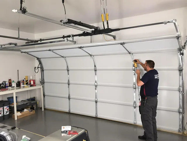 Acushnet Garage Door Repair certified technician performing overhead door system repair in Acushnet