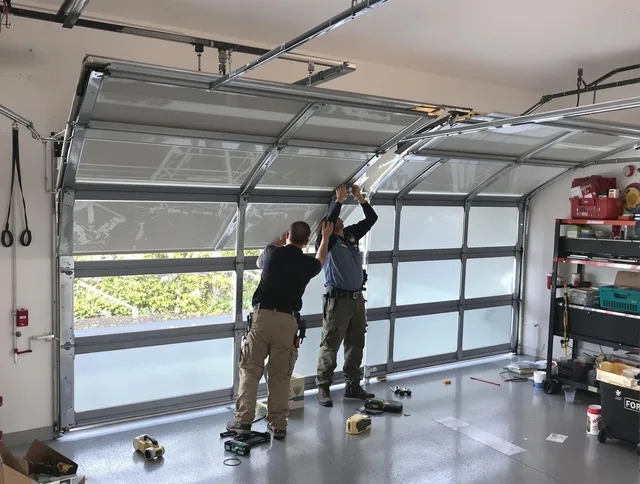Acushnet Garage Door Repair expert performing precise panel replacement on Acushnet garage door