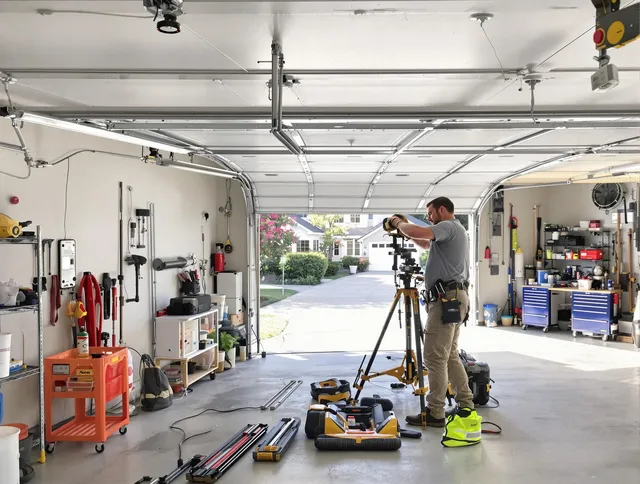 Acushnet Garage Door Repair specialist performing laser-guided track alignment in Acushnet